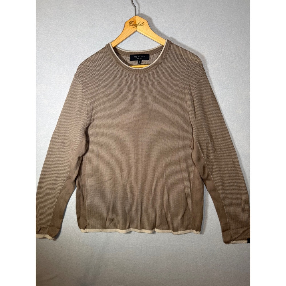 Rag & Bone Mens Textured Knit Side Panel Crewneck Sweater Tan Brown Large Soft